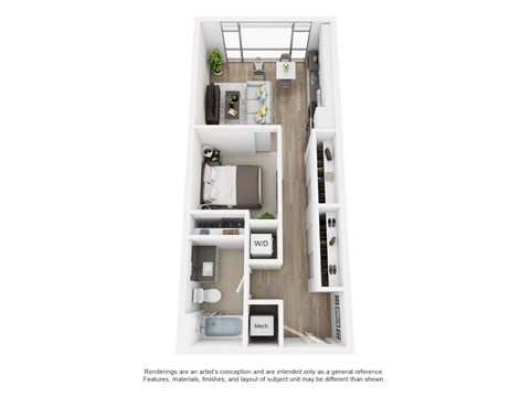 Floor plan for studio, 1 bath, 673 sqft